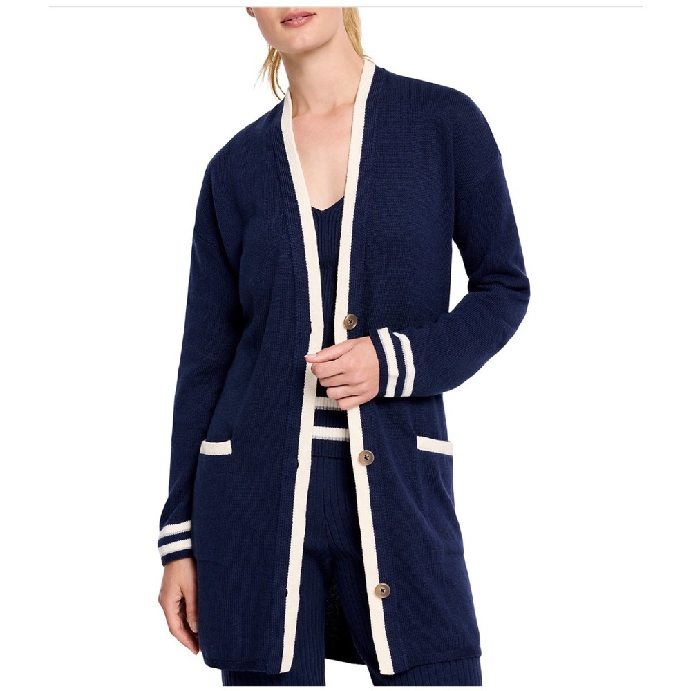 NIC+ZOE Unwind Cardigan Navy‎ Ink V-neck Long Sleeve Contrast Trim Size Small